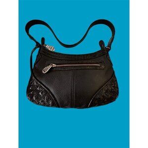 Vintg.Brighton Medium Woven Front Croc Trim Leather Black Shoulder Bag w/Dustbag